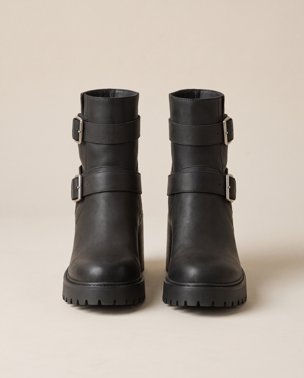 Moto Ankle Boots with Double Buckle and Chunky Heel — black