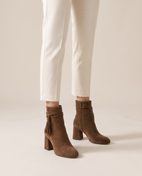 Block Heel Ankle Boots with Tassel Wrap Straps — worn, studio