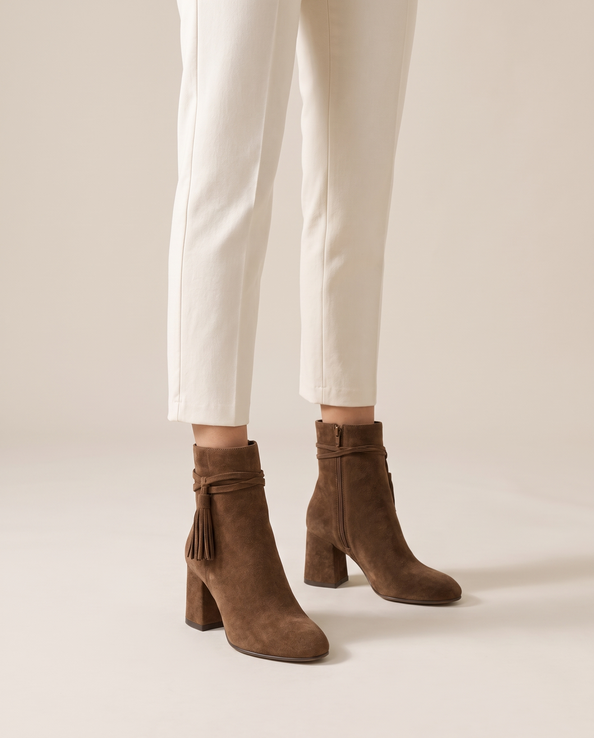 Block Heel Ankle Boots with Tassel Wrap Straps — worn, studio