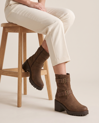 Moto Ankle Boots with Double Buckle and Chunky Heel — worn seated