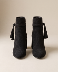 Block Heel Ankle Boots with Tassel Wrap Straps — black