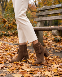 Block Heel Ankle Boots with Tassel Wrap Straps — worn in Central Park in autumn