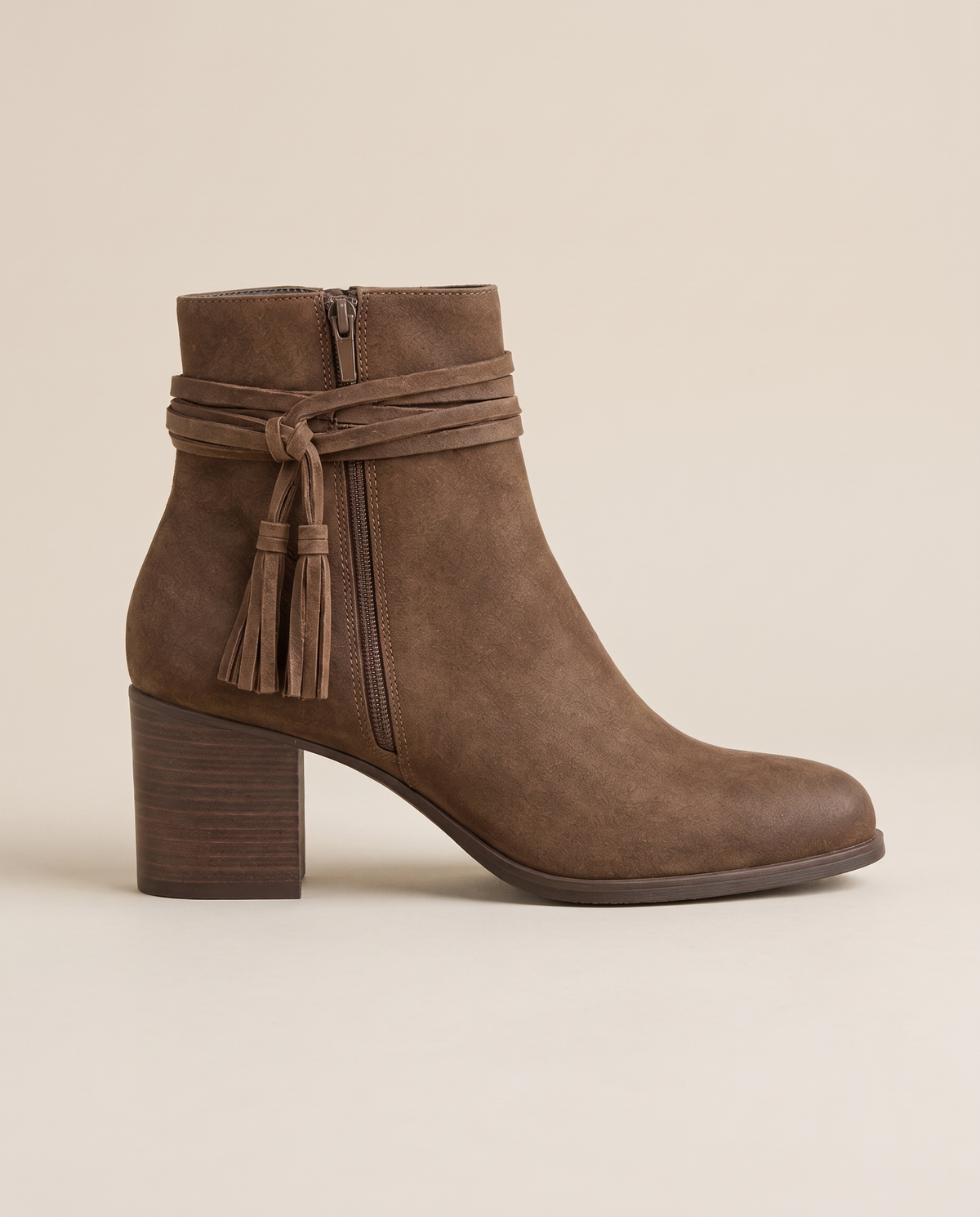 Block Heel Ankle Boots with Tassel Wrap Straps — side profile