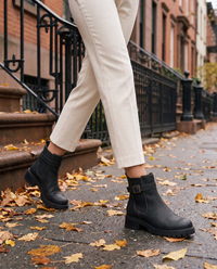 Chelsea Ankle Boots with Buckle Strap and Lug Sole — worn on a New York street in autumn