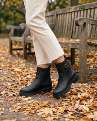 Chelsea Ankle Boots with Buckle Strap and Lug Sole — worn in Central Park in autumn