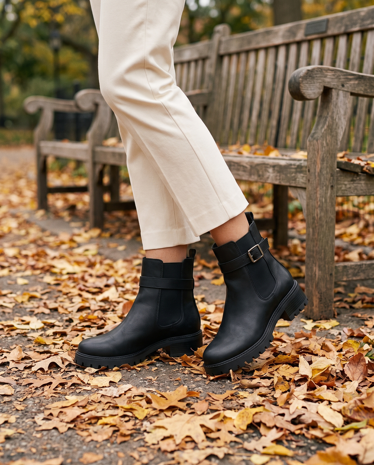Chelsea Ankle Boots with Buckle Strap and Lug Sole — worn in Central Park in autumn