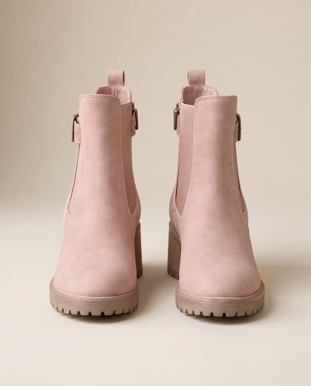 Chelsea Ankle Boots with Buckle Strap and Lug Sole — blush pink