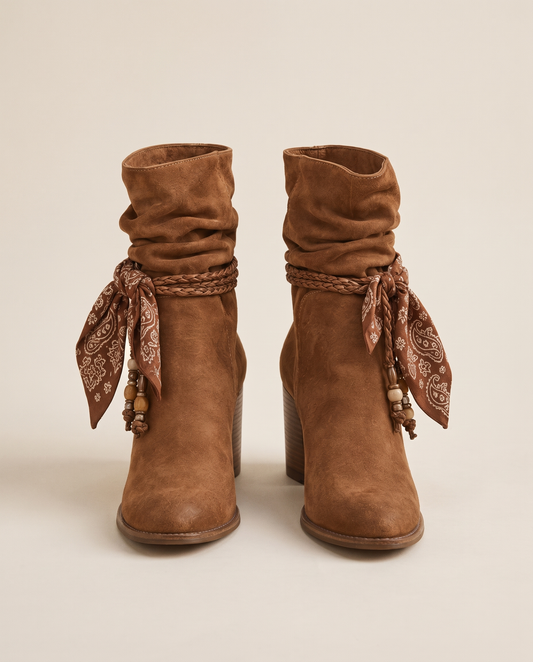 Slouchy Ankle Boots with Braided Bandana Bow Strap — pair, studio