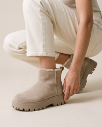 Fleece-Lined Suede Ankle Boots with Chunky Lug Sole — worn, crouching