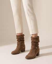 Suede Slouch Ankle Boots with Fold-Over Cuff — worn, studio