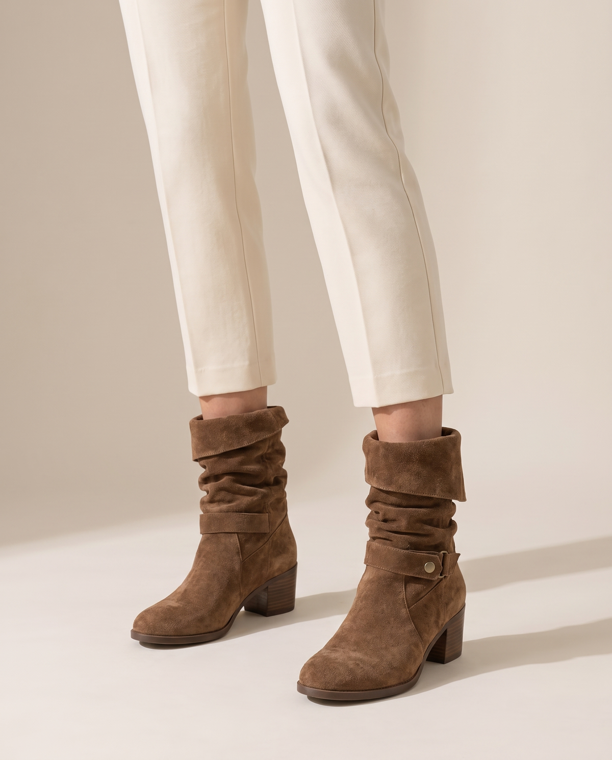 Suede Slouch Ankle Boots with Fold-Over Cuff — worn, studio