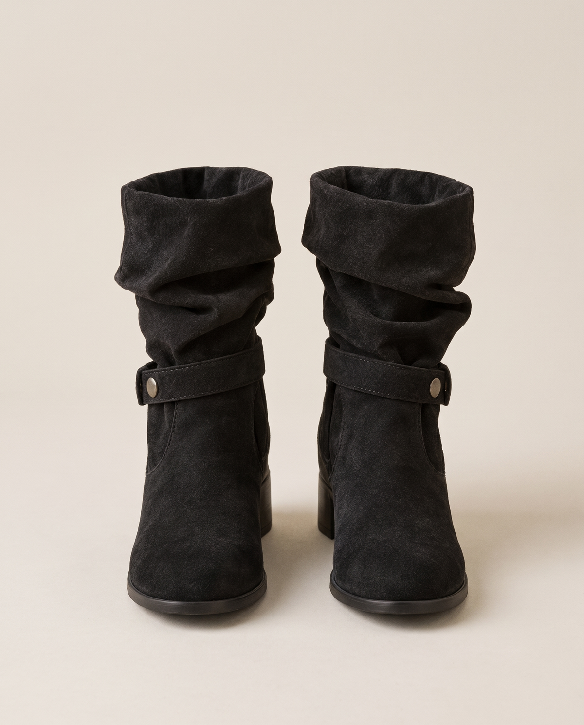 Suede Slouch Ankle Boots with Fold-Over Cuff — black