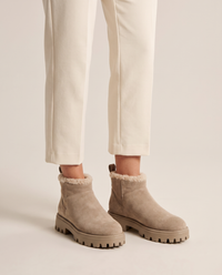 Fleece-Lined Suede Ankle Boots with Chunky Lug Sole — worn, studio