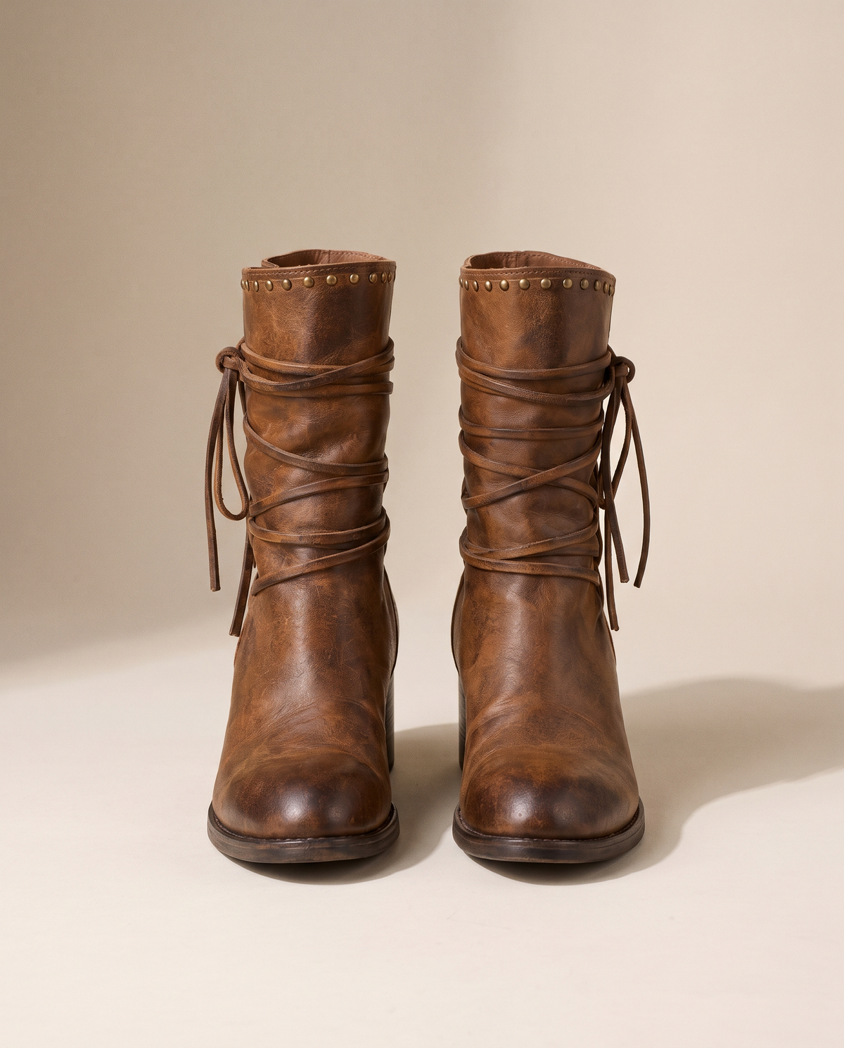 Lace-Up Western Ankle Boots with Studded Trim — pair, studio