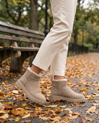 Fleece-Lined Suede Ankle Boots with Chunky Lug Sole — worn in Central Park in autumn