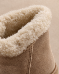 Fleece-Lined Suede Ankle Boots with Chunky Lug Sole — shearling collar close-up
