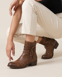 Lace-Up Western Ankle Boots with Studded Trim — worn, crouching