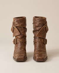 Distressed Ankle Boots with Buckle Straps — pair, studio