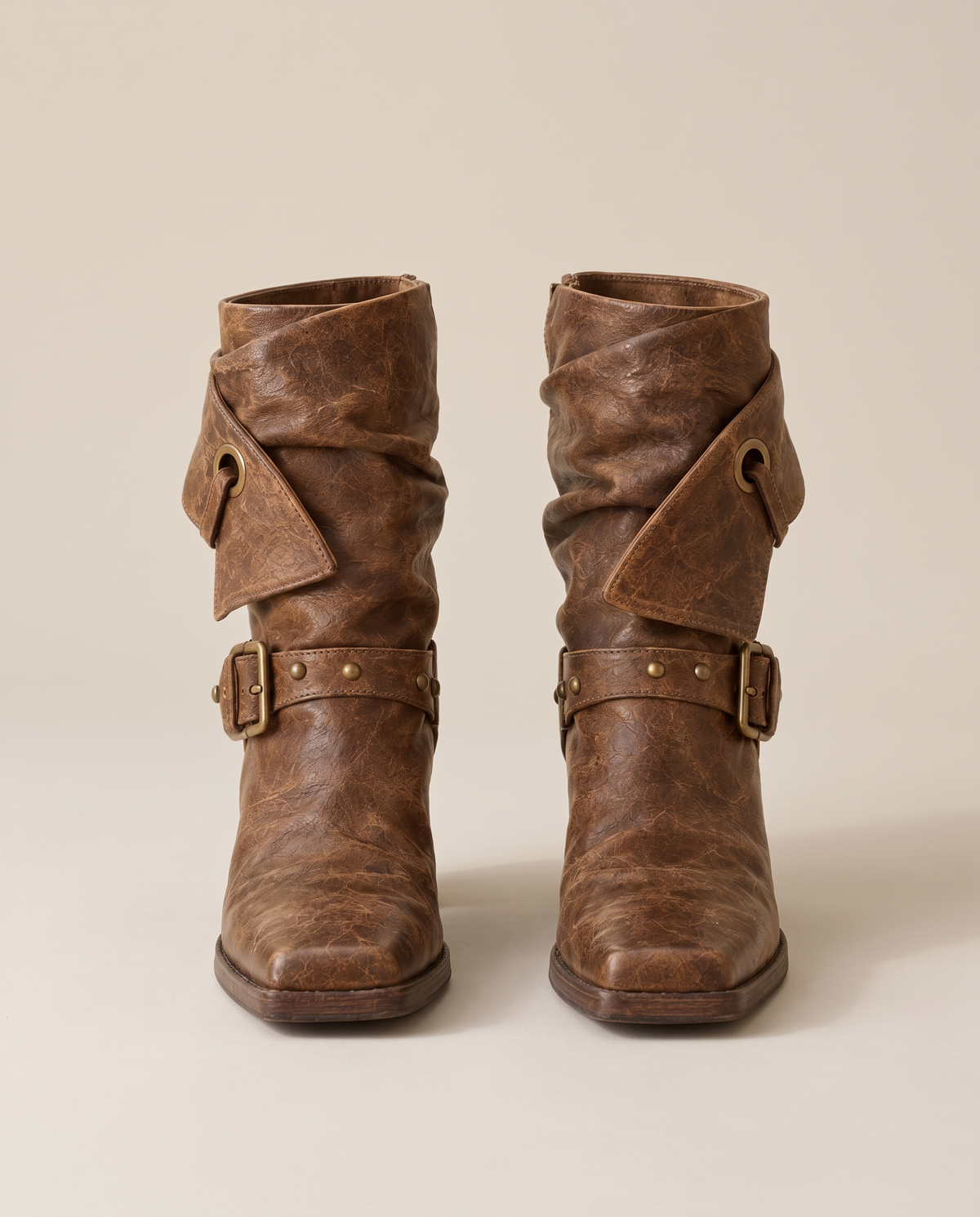 Distressed Ankle Boots with Buckle Straps — pair, studio