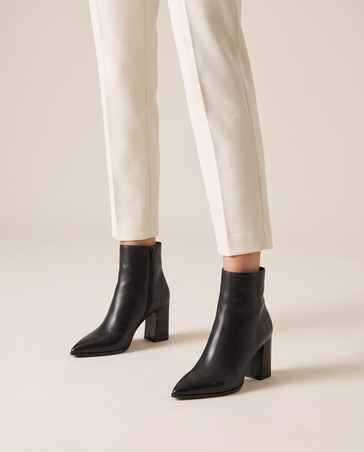 Leather Ankle Boots with Pointed Toe and Block Heel — worn, studio