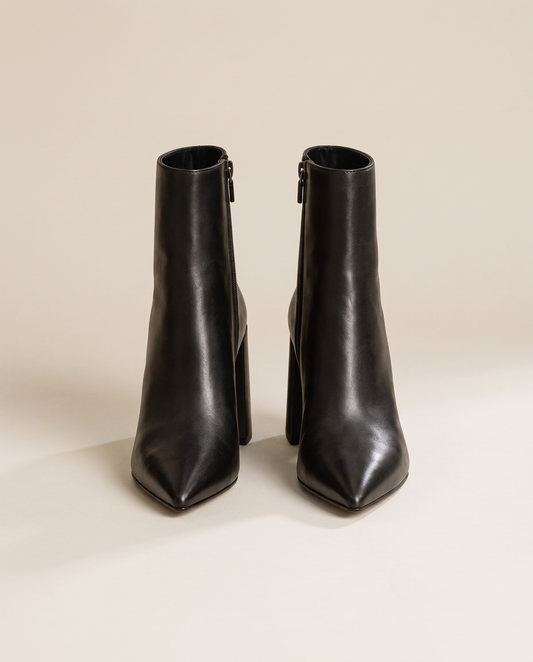 Leather Ankle Boots with Pointed Toe and Block Heel — pair, studio