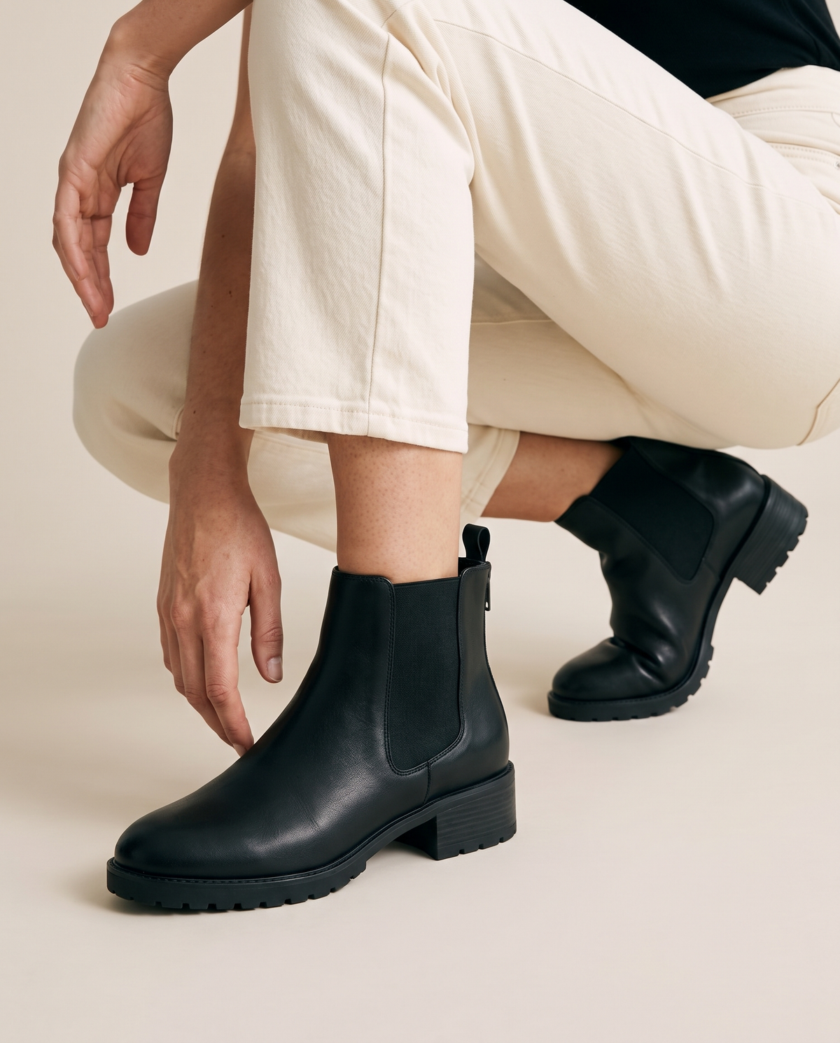 Chelsea Ankle Boots with Low Block Heel and Zip — worn, crouching