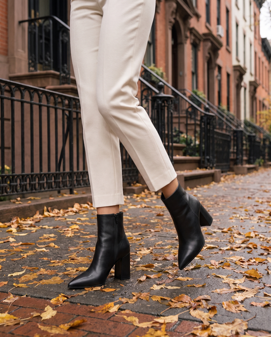 Leather Ankle Boots with Pointed Toe and Block Heel — worn on a New York street in autumn
