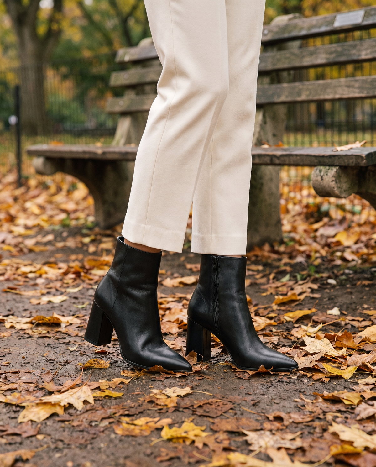 Leather Ankle Boots with Pointed Toe and Block Heel — worn in Central Park in autumn