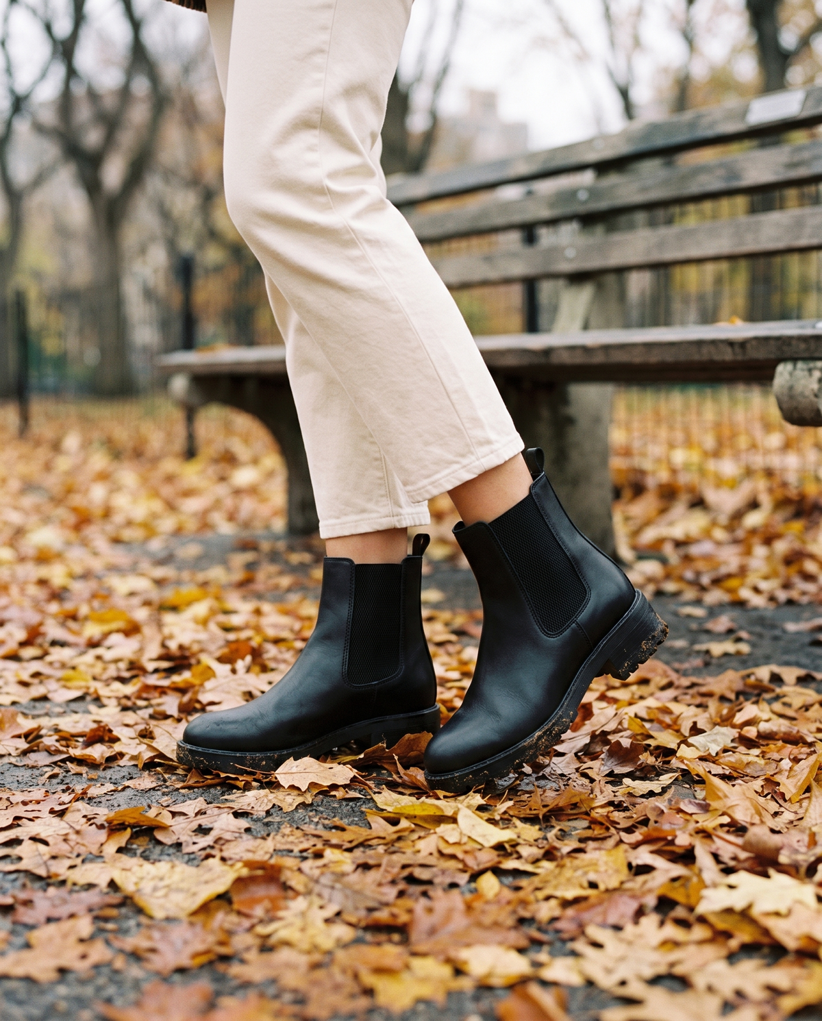 Chelsea Ankle Boots with Low Block Heel and Zip — worn in Central Park in autumn