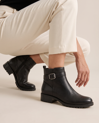 Leather Ankle Boots with Buckle and Side Zip — worn, crouching