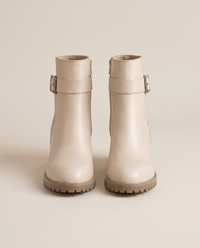 Leather Ankle Boots with Buckle and Side Zip — cream