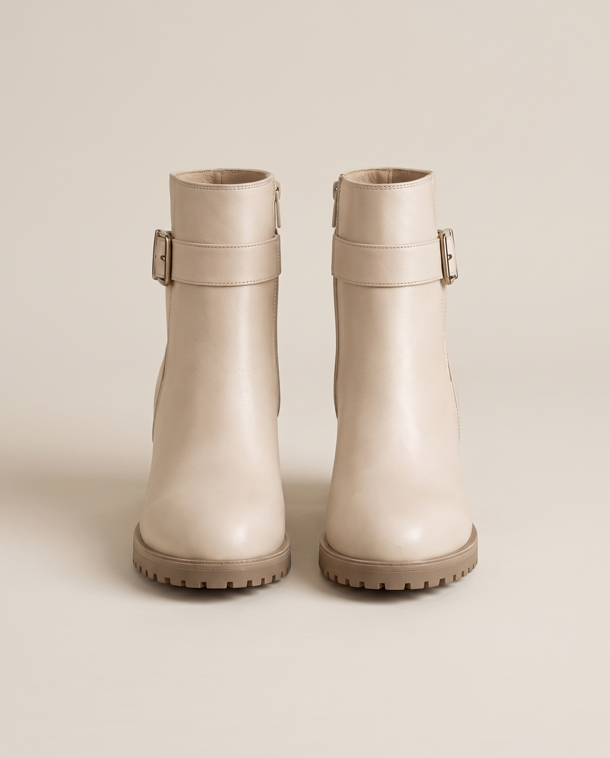 Leather Ankle Boots with Buckle and Side Zip — cream