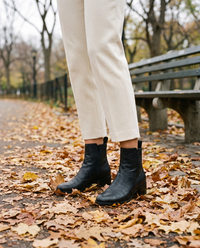 Ankle Boots with Side Pull Tabs and Low Block Heel — worn in Central Park in autumn