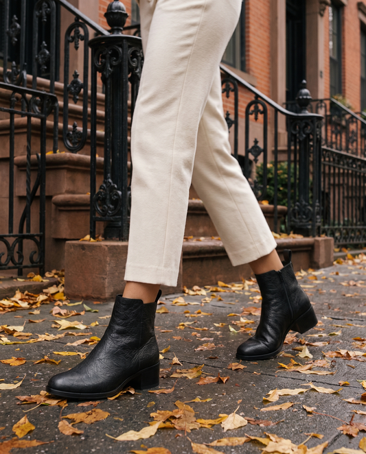 Ankle Boots with Side Pull Tabs and Low Block Heel — worn on a New York street in autumn