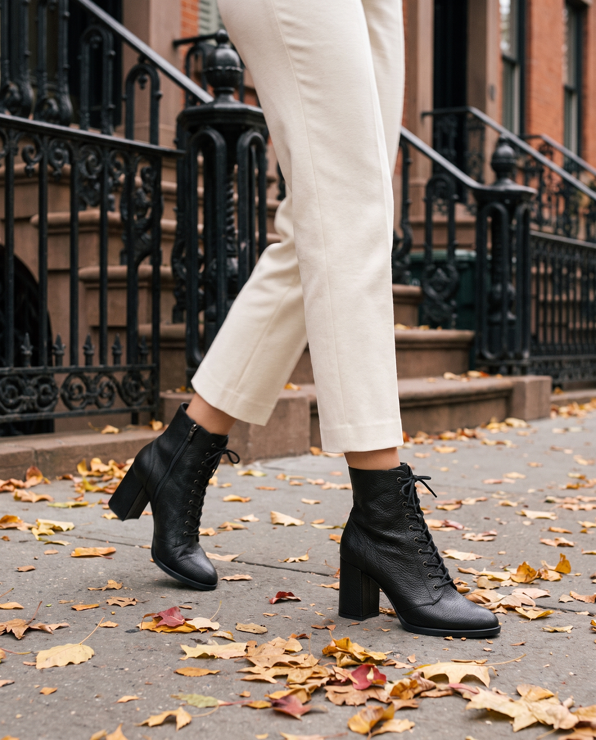 Lace-Up Ankle Boots with Removable Insole — worn on a New York street in autumn