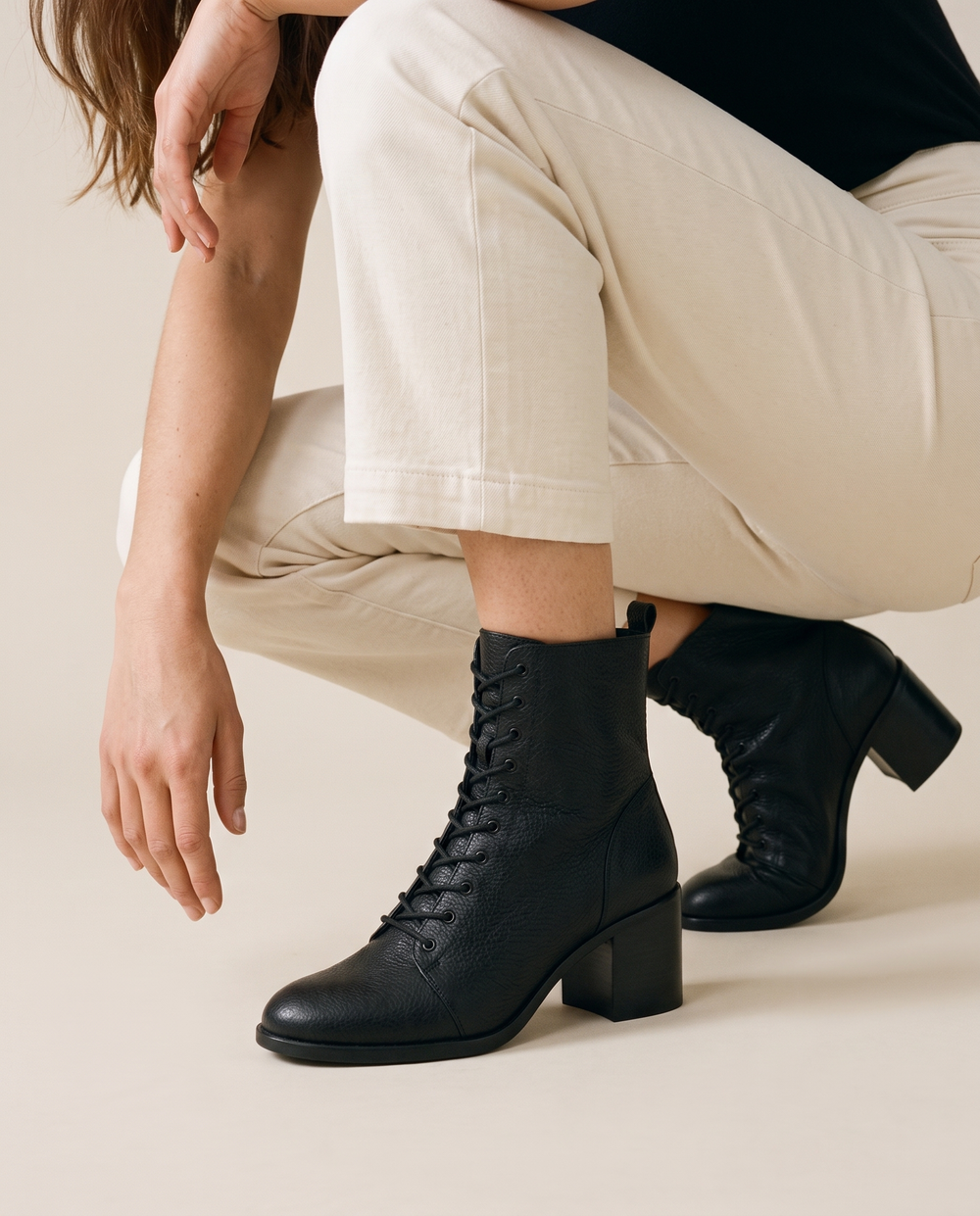 Lace-Up Ankle Boots with Removable Insole — worn, crouching