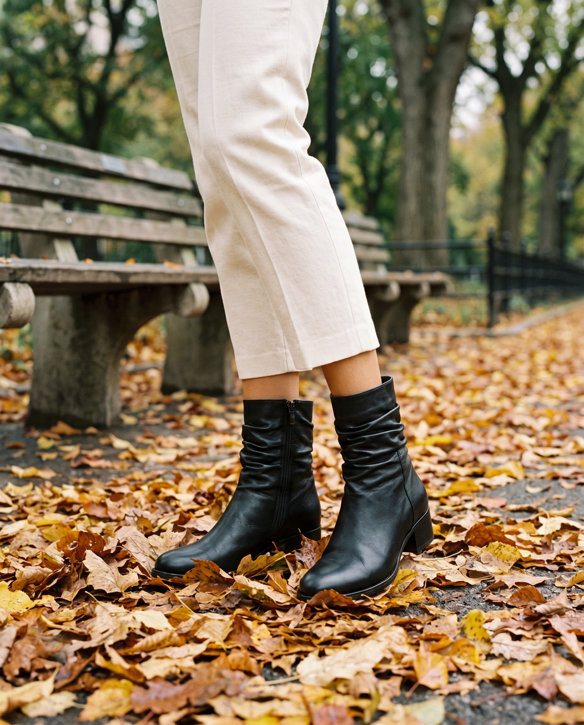 Ruched Ankle Boots with Side Zipper — worn in Central Park in autumn