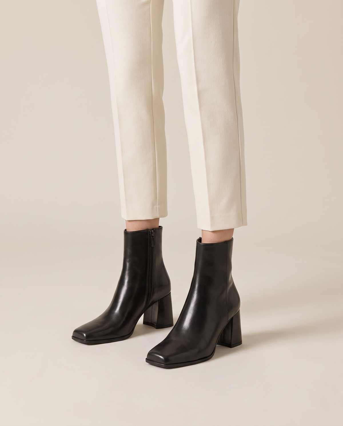 Square Toe Leather Ankle Boots with Block Heel — worn, studio