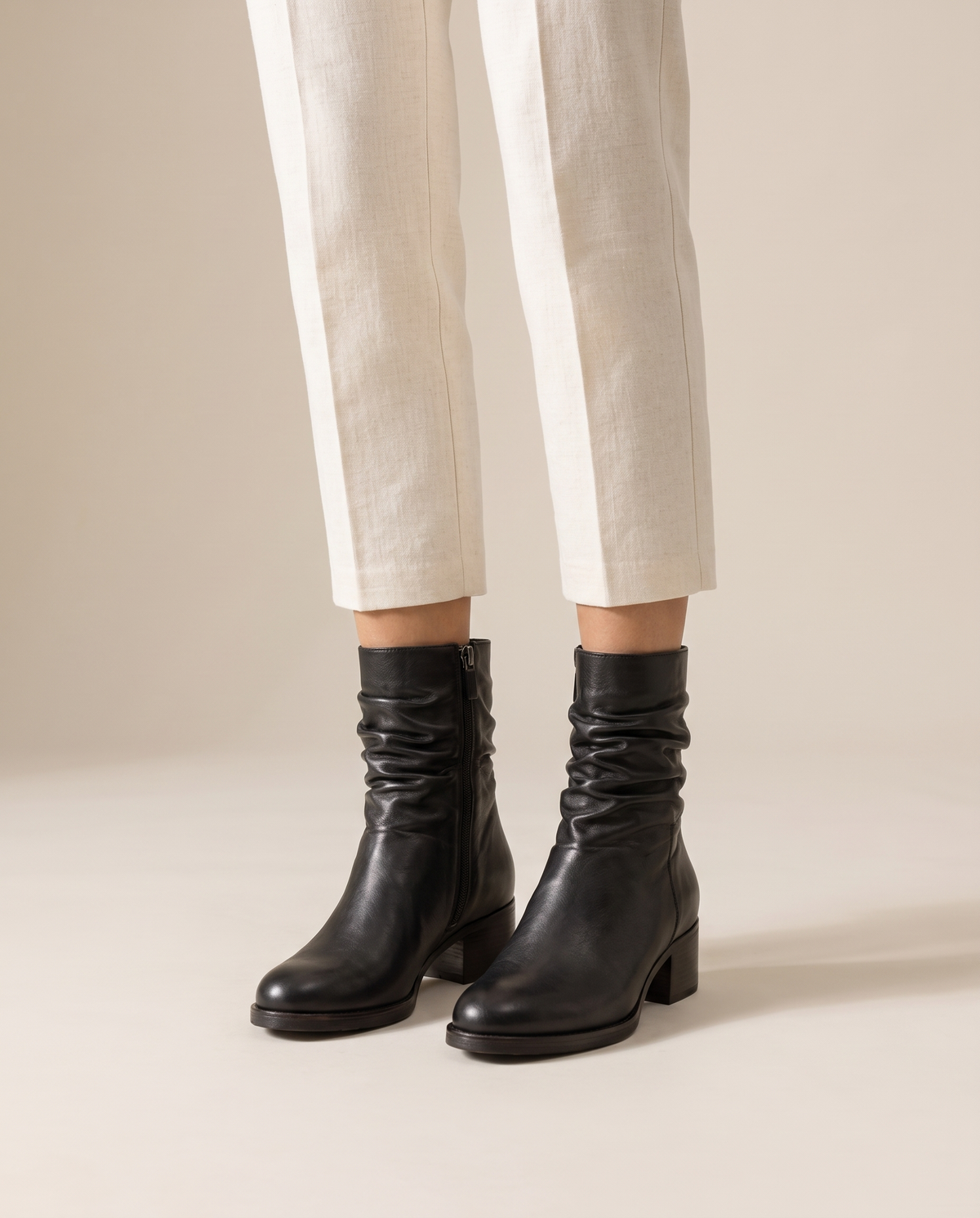 Ruched Ankle Boots with Side Zipper — worn, studio