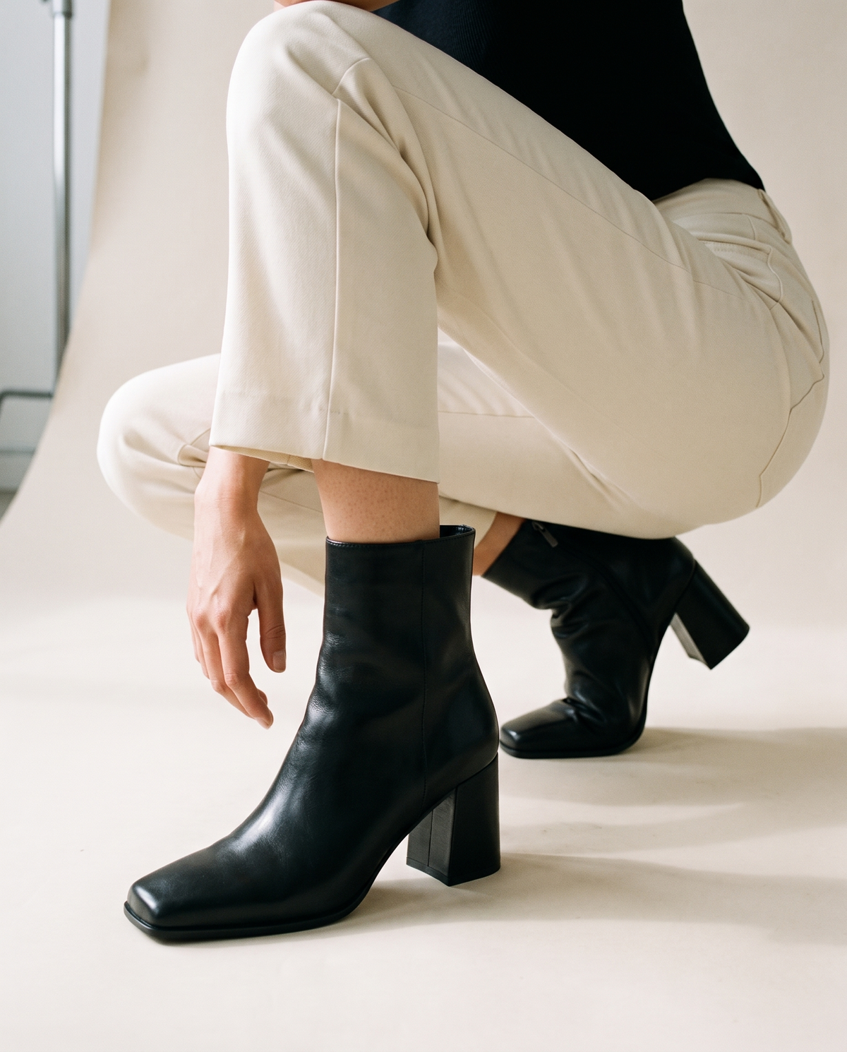 Square Toe Leather Ankle Boots with Block Heel — worn, crouching