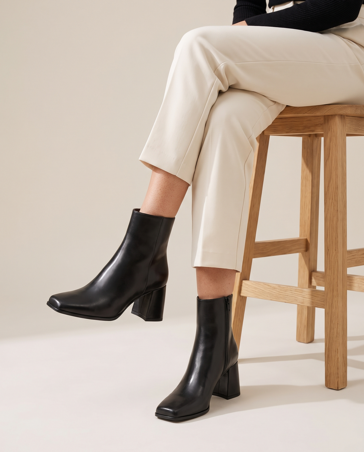 Square Toe Leather Ankle Boots with Block Heel — worn seated