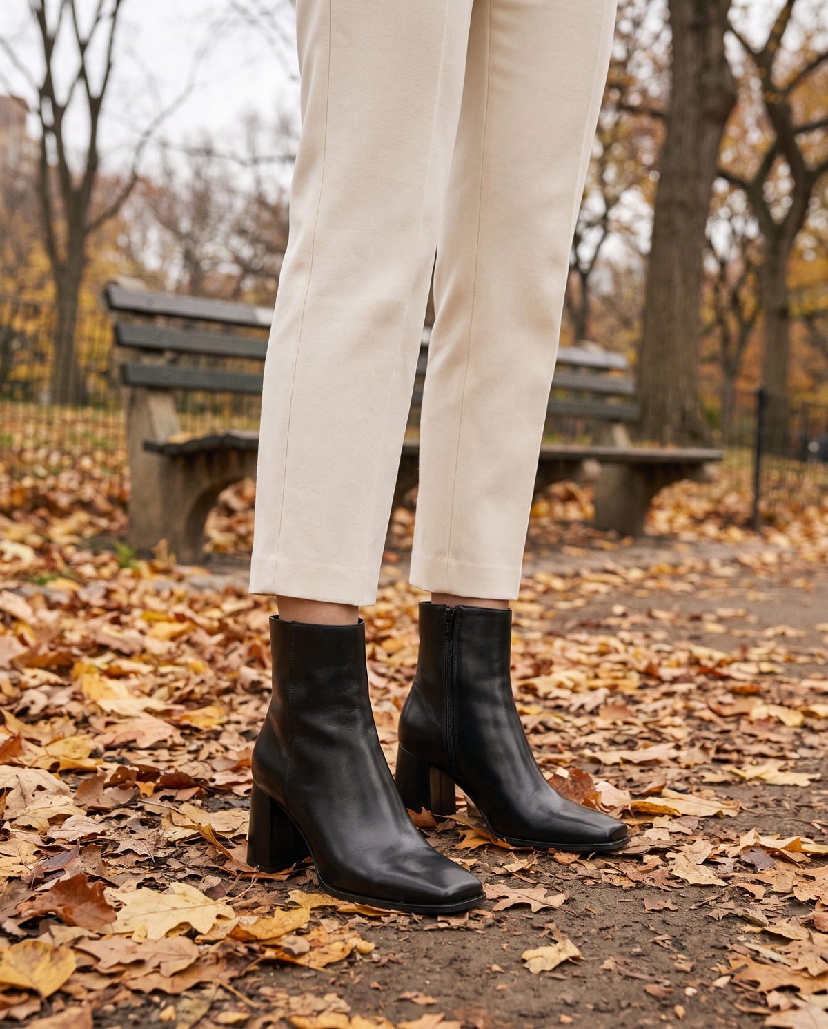 Square Toe Leather Ankle Boots with Block Heel — worn in Central Park in autumn