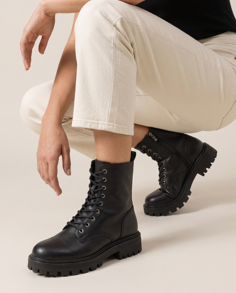 Lace-Up Ankle Boots with Chunky Lug Sole — worn, crouching