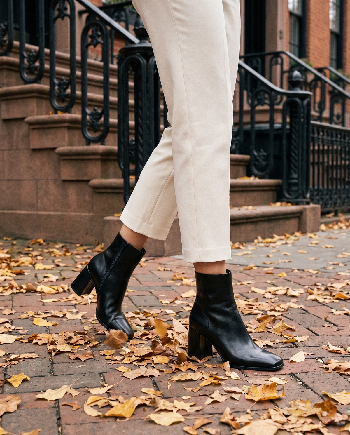 Square Toe Leather Ankle Boots with Block Heel — worn on a New York street in autumn
