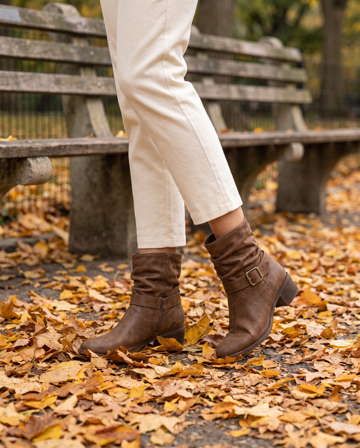 Slouch Ankle Boots with Buckle Strap — worn in Central Park in autumn