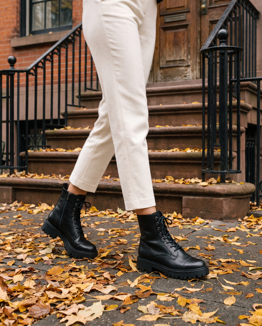Lace-Up Ankle Boots with Chunky Lug Sole — worn on a New York street in autumn