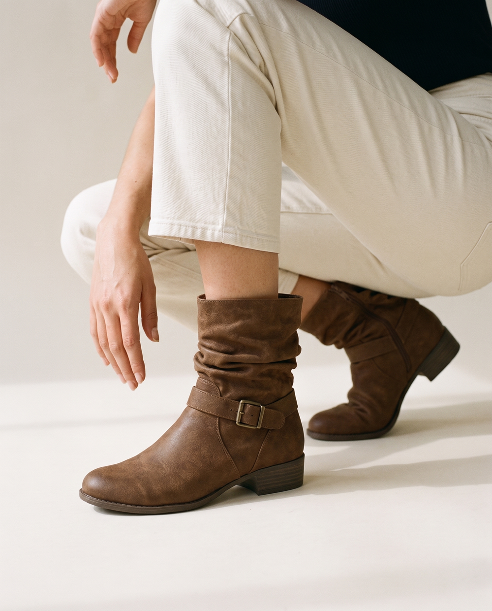Slouch Ankle Boots with Buckle Strap — worn, crouching