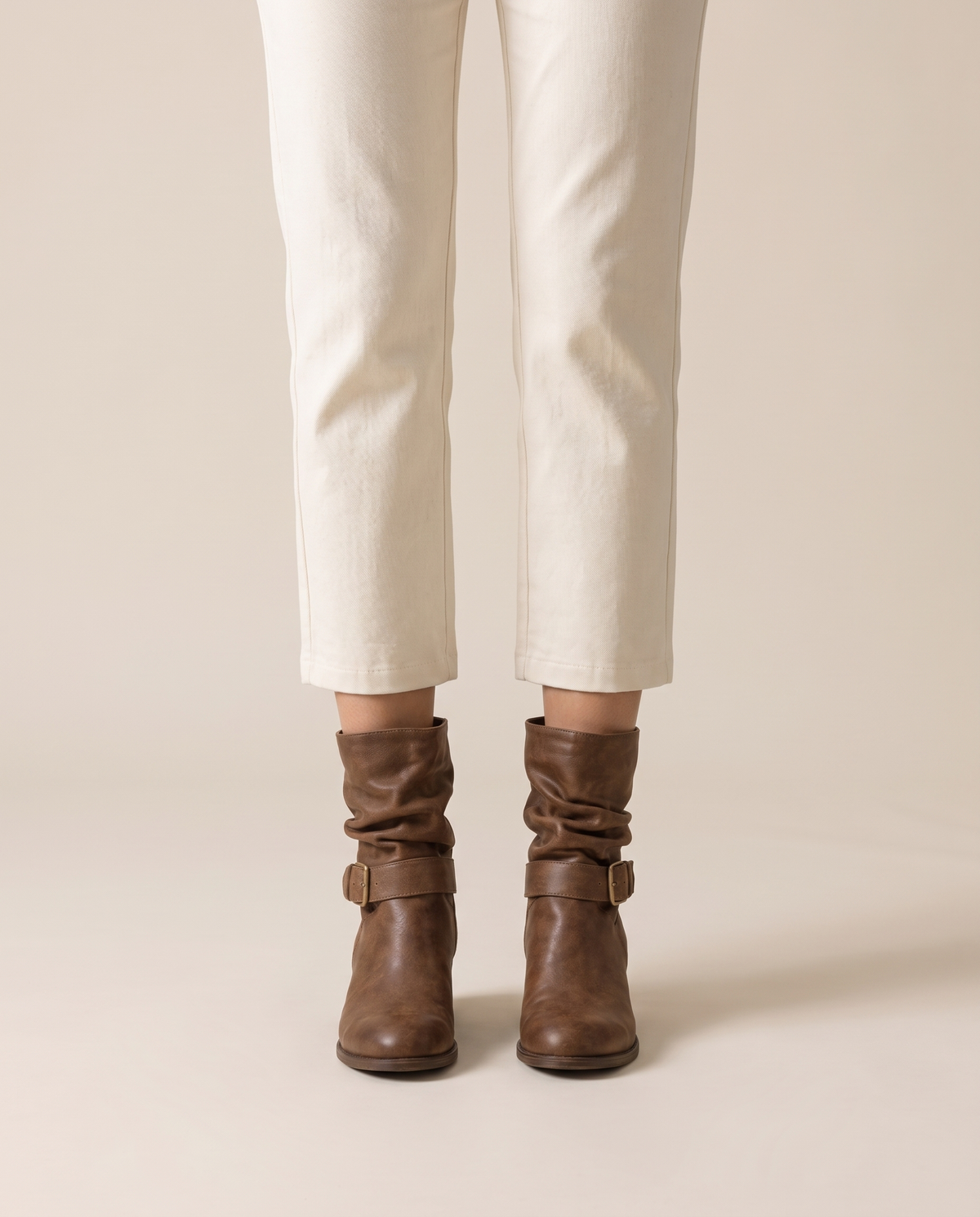 Slouch Ankle Boots with Buckle Strap — worn, studio