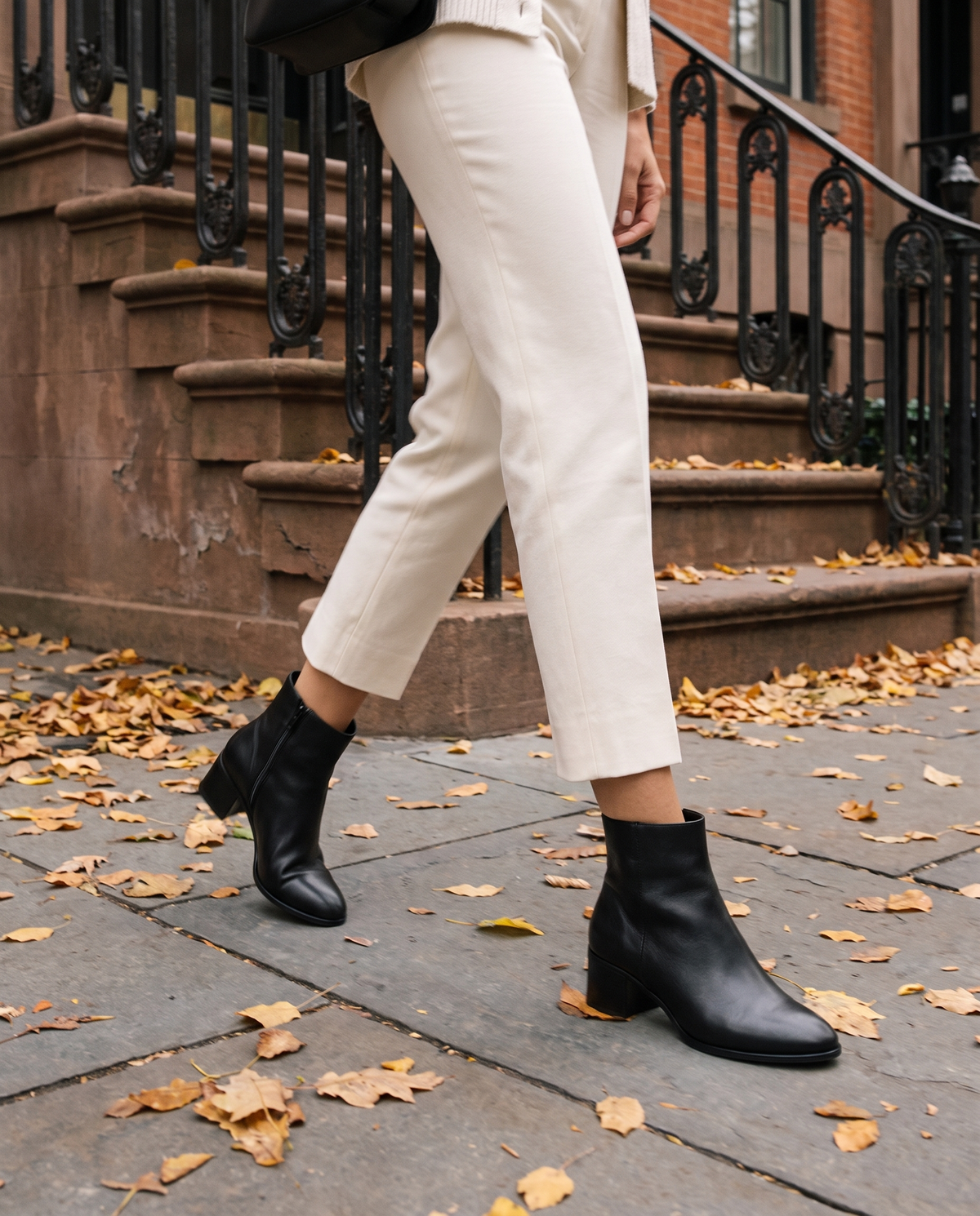 Sleek Ankle Boots with Low Block Heel — worn on a New York street in autumn