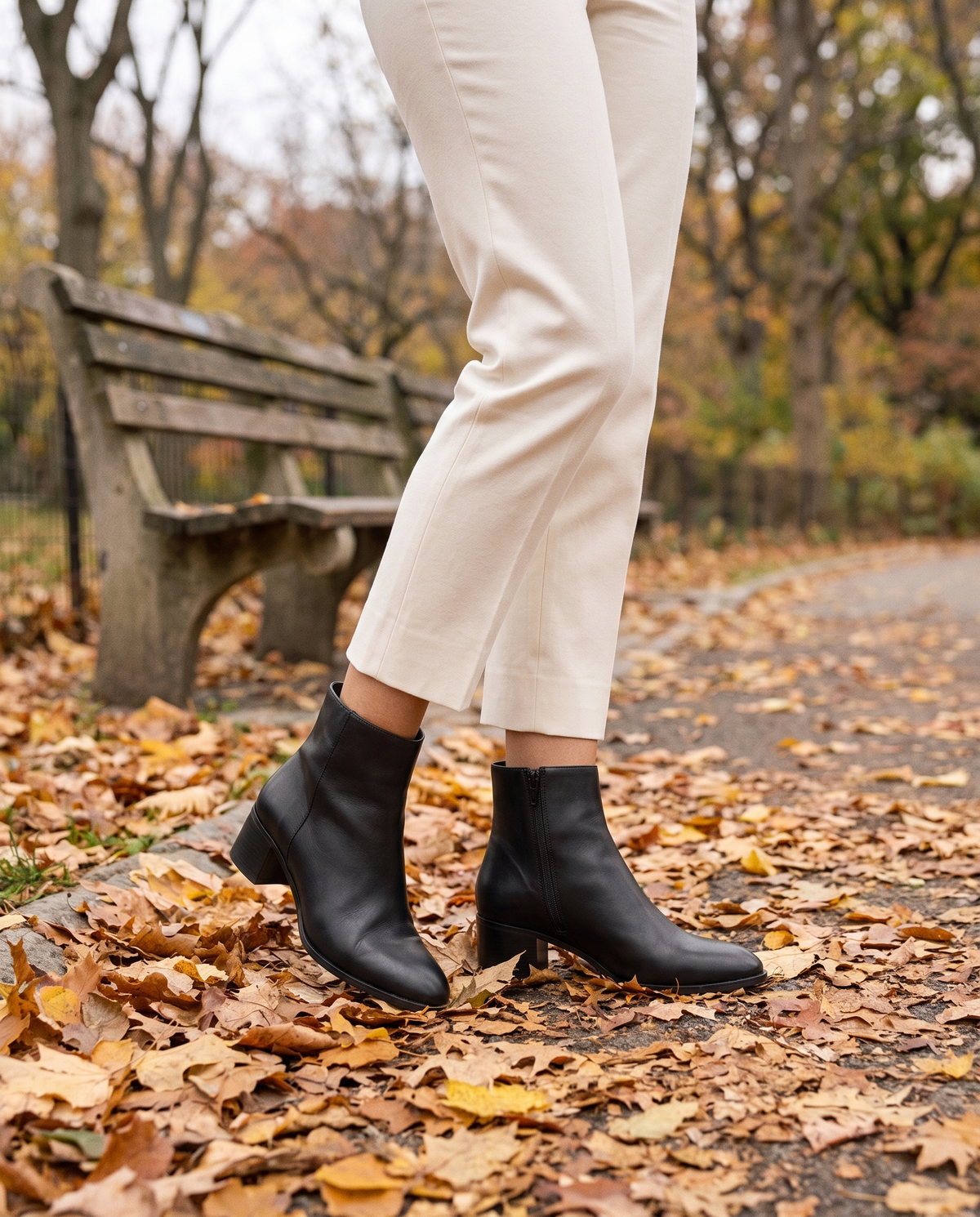 Sleek Ankle Boots with Low Block Heel — worn in Central Park in autumn
